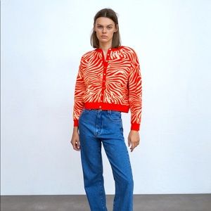 Zara Orange and Cream Zebra print cardigan sweater